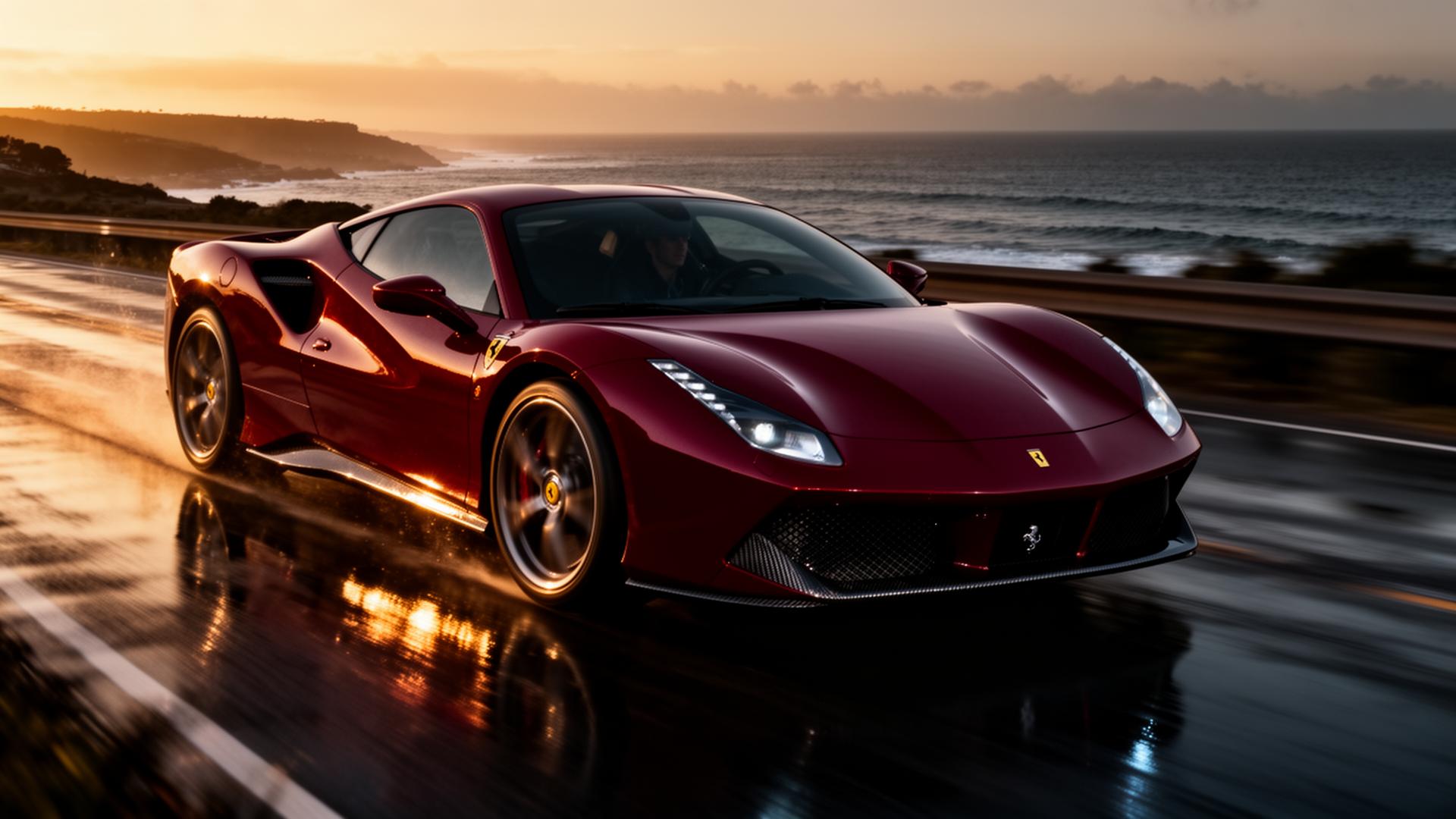 Red Ferrari driving on coastal road at sunset